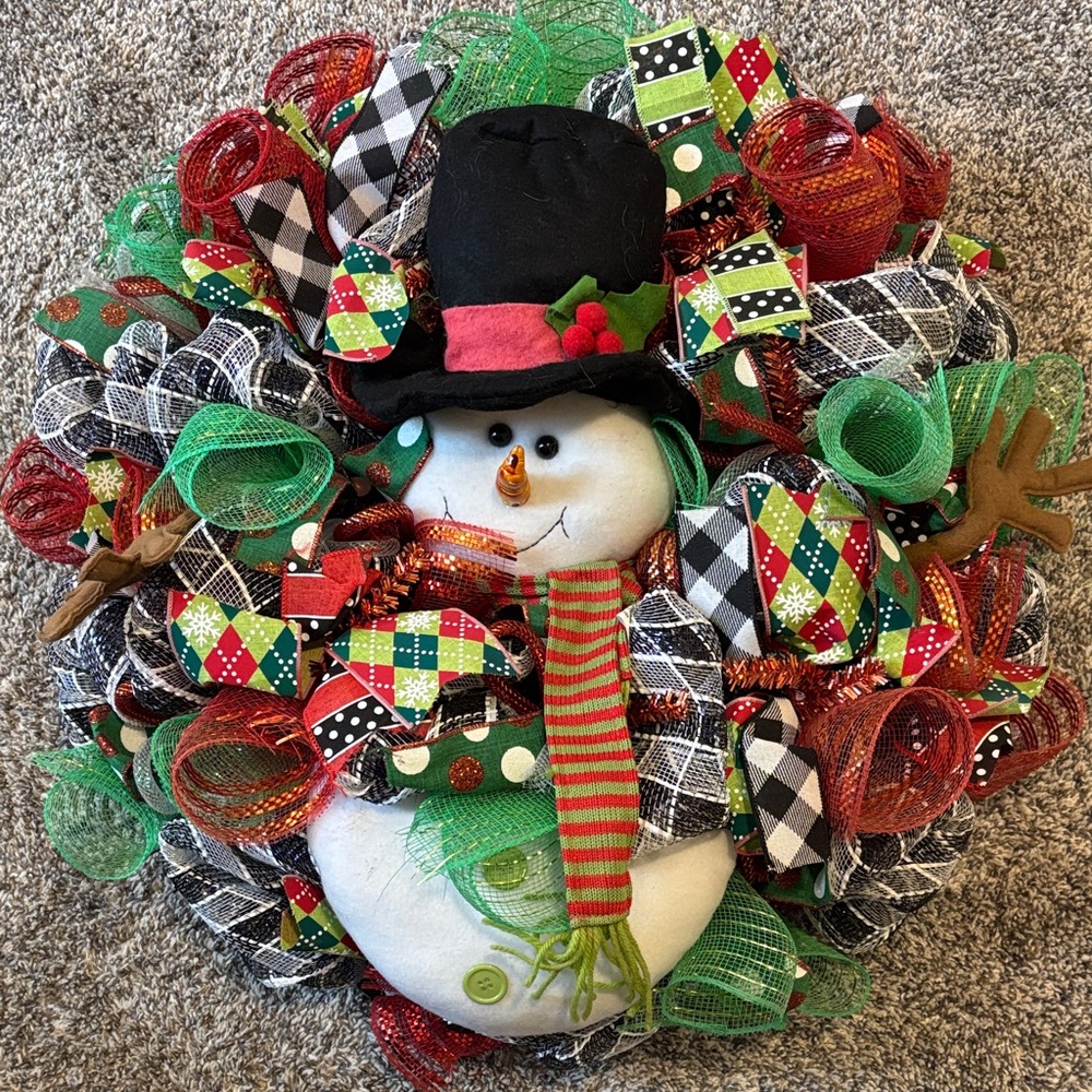 Festive Snowman Holiday Wreath with Red and Green Accents